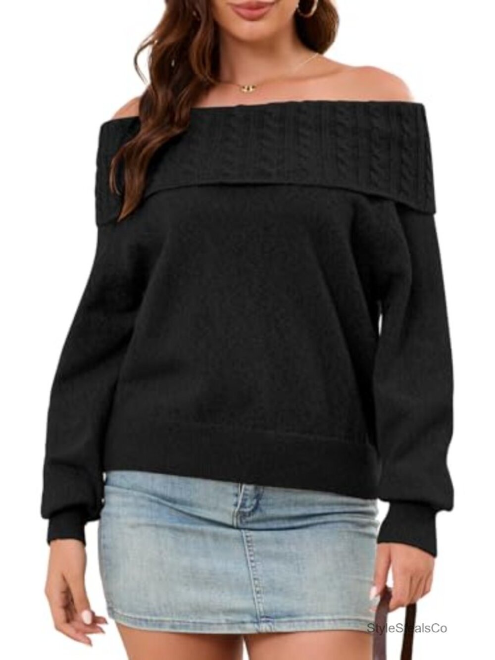 Off Shoulder Sweater Batwing Sleeve Loose Knit Pullover